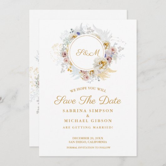 モノグラムエレガント新郎新婦ネーム結婚ズ セーブザデート (正面/裏面)