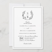モノグラムエレガント植物学リースQRコード結婚ズ 招待状 (正面)