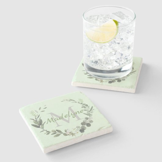 モノグラムエレガント水彩植物姓 ストーンコースター (横)