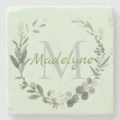 モノグラムエレガント水彩植物姓 ストーンコースター (正面)