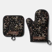 モノグラムエレガント水彩茶色フローラ 鍋つかみ&鍋敷きセット (正面)