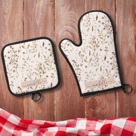 モノグラムエレガント水彩茶色フローラ 鍋つかみ&鍋敷きセット