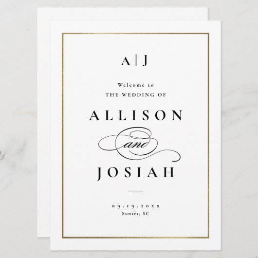 モノグラムエレガント白黒の結婚歓迎 招待状 (正面/裏面)