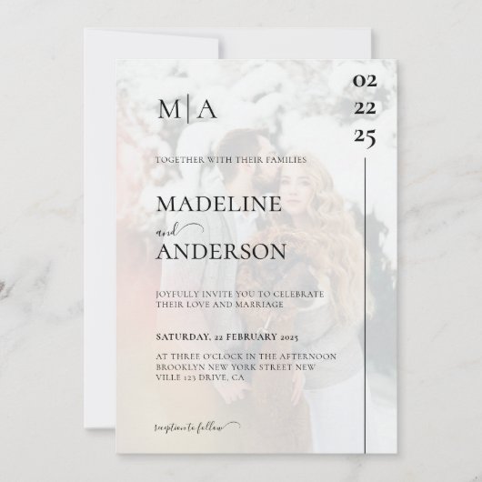 モノグラムエレガント白黒オーバーレイ結婚写真 招待状 (正面)