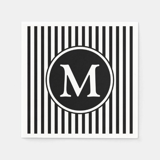 モノグラムエレガント白黒ストライプ文字 スタンダードカクテルナプキン (正面)
