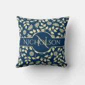 モノグラムエレガント葉デイジー名前をカスタムするブルー クッション (裏面)