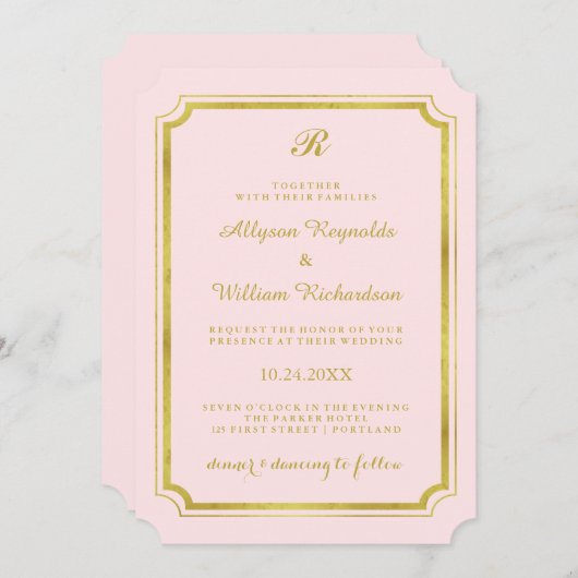 モノグラムエレガント赤面ピンクとフェイク金ゴールド結婚ズ 招待状 (正面/裏面)