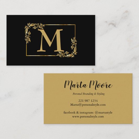 モノグラムエレガント金ゴールドとブラックビジネスカード 名刺 (正面/裏面)