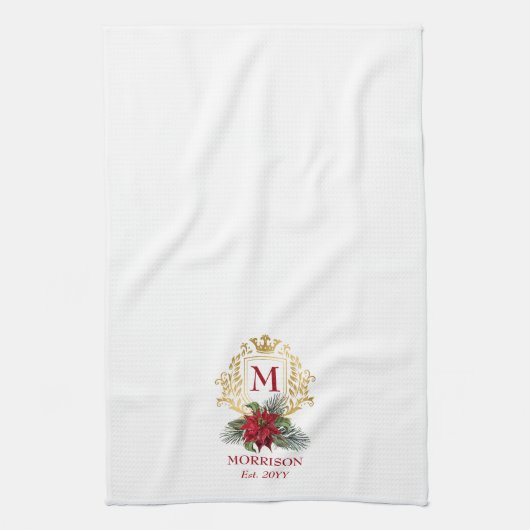 モノグラムエレガント金ゴールドクレストポインセチア・クリスマス キッチンタオル (縦)