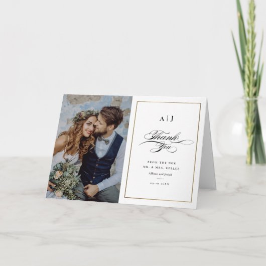 モノグラムエレガント金ゴールドフォト結婚ズ サンキューカード (正面)