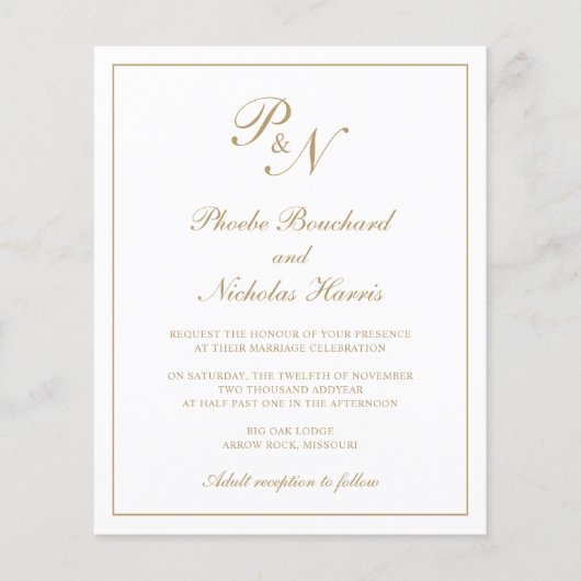 モノグラムエレガント金ゴールド予算結婚式招待状 (正面)