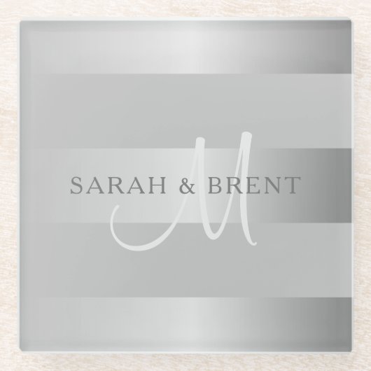 モノグラムエレガント銀フェイクグラディエント灰色ストライプ色 ガラスコースター (正面)