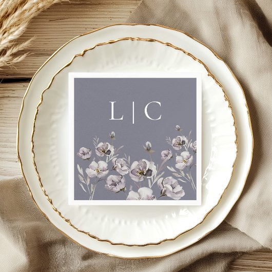 モノグラムエレガント陰暗い灰色の水色の花 スタンダードカクテルナプキン