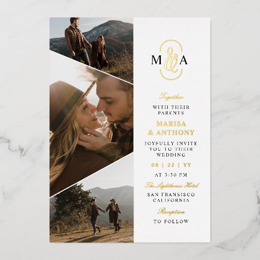 モノグラムエレガント非対称写真結婚の金ゴールド 箔招待状 (正面)