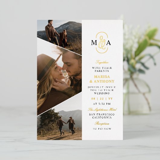 モノグラムエレガント非対称写真結婚の金ゴールド 箔招待状 (立ち正面)