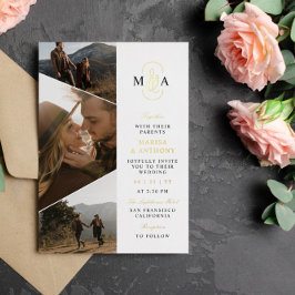 モノグラムエレガント非対称写真結婚の金ゴールド 箔招待状