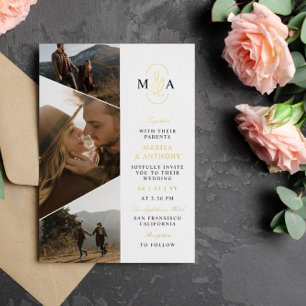 モノグラムエレガント非対称写真結婚の金ゴールド 箔招待状