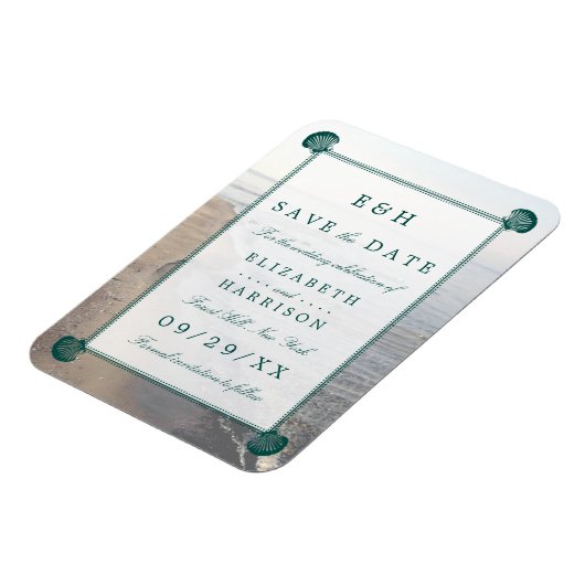 モノグラムエレガント、ティール(緑がかった色)ホタテビーチ日付の保存 マグネット (左側)