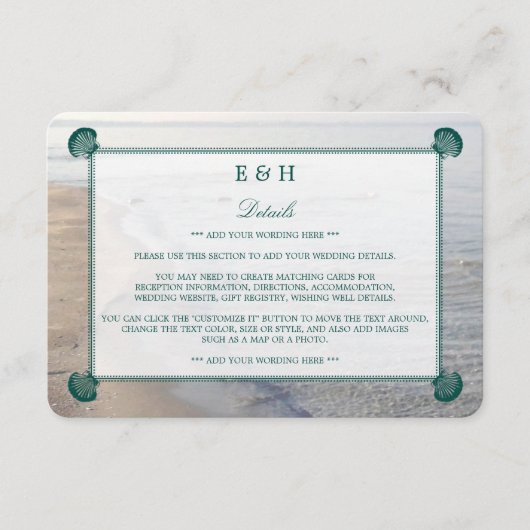 モノグラムエレガント&ティール（緑がかった色）ホタテビーチ結婚式 エンクロージャーカード (正面)