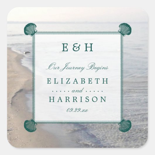 モノグラムエレガント&ティール（緑がかった色）ホタテビーチ結婚式 スクエアシール (正面)