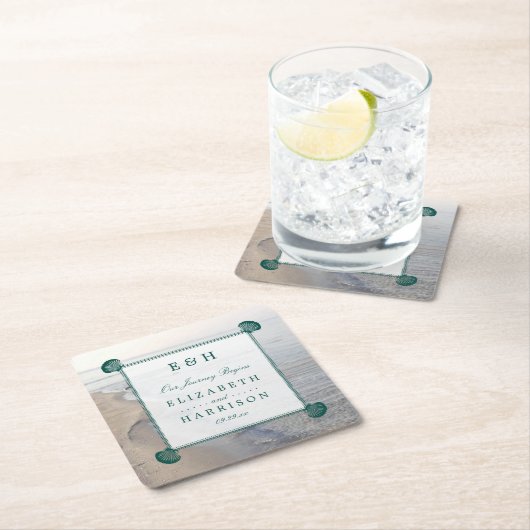 モノグラムエレガント&ティール（緑がかった色）ホタテビーチ結婚式 スクエアペーパーコースター (インサイチュ)