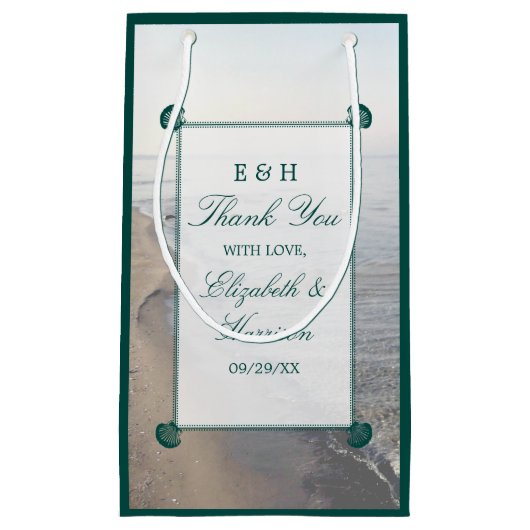 モノグラムエレガント&ティール（緑がかった色）ホタテビーチ結婚式 スモールペーパーバッグ (正面)