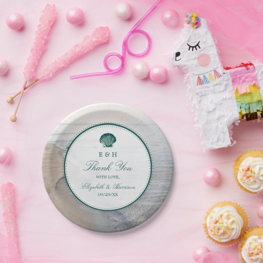 モノグラムエレガント&ティール（緑がかった色）ホタテビーチ結婚式 ペーパープレート (パーティー)