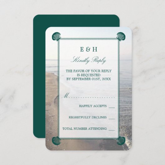 モノグラムエレガント&ティール（緑がかった色）ホタテビーチ結婚式 出欠カード (正面/裏面)