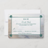 モノグラムエレガント&ティール（緑がかった色）ホタテビーチ結婚式 出欠カード (正面)