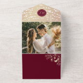 モノグラムエレガント・ブルゴーニュと金ゴールド結婚ズ オールインワン招待状 (外側)