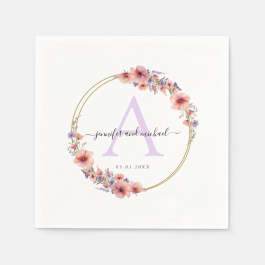 モノグラムエレガント、ワイルドフラワー結婚、サークルズ スタンダードカクテルナプキン (正面)