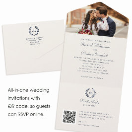 モノグラムエレガントQRコードネイビーブルー結婚ズ オールインワン招待状