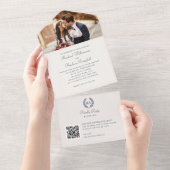モノグラムエレガントQRコードネイビーブルー結婚ズ オールインワン招待状 (貼ってはがせる)