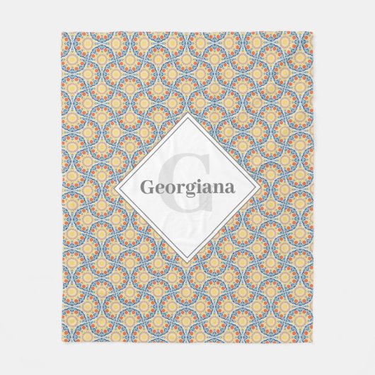 モノグラムエーゲの夏のオレンジとレモンのファン フリースブランケット (正面)