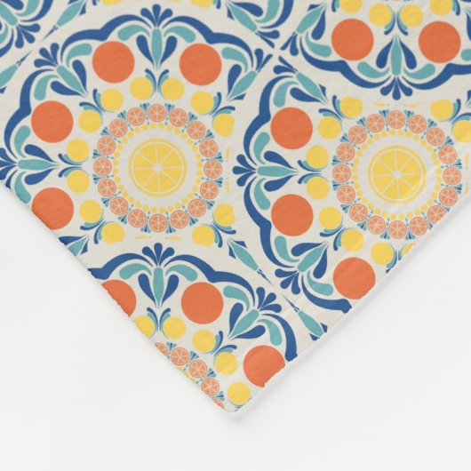 モノグラムエーゲの夏のオレンジとレモンのファン フリースブランケット (角)