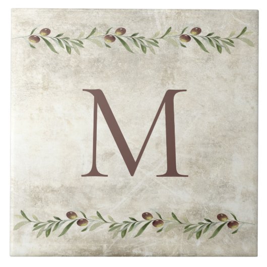 モノグラムオリーブ素朴ガラパーソナライズされたンドブラウン タイル (正面)
