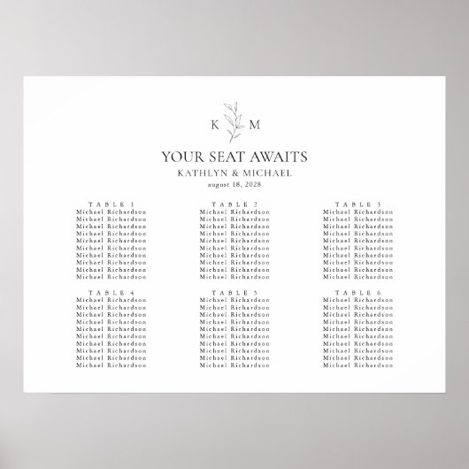 モノグラムオリーブ結婚リーフの6つのテーブル座席表 ポスター (正面)