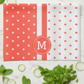 モノグラムオレンジコーラルアンドホワイト水玉模様 キッチンタオル (折り畳み)