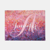 モノグラムオンピンクパープルバラ抽象芸術 ドアマット (正面)