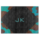 モノグラムカウブラウンおよびティール(緑がかった色)プリント カッティングボード (正面)