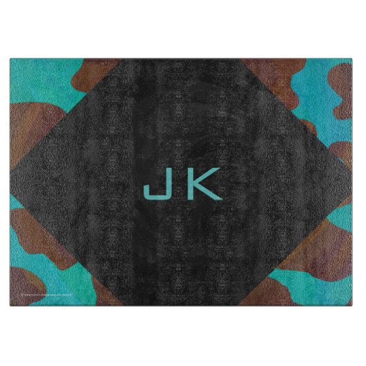 モノグラムカウブラウンおよびティール(緑がかった色)プリント カッティングボード (正面)