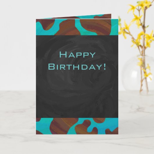 モノグラムカウブラウンおよびティール(緑がかった色)プリント カード (黄色い花)