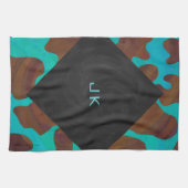 モノグラムカウブラウンおよびティール(緑がかった色)プリント キッチンタオル (横)