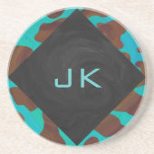 モノグラムカウブラウンおよびティール(緑がかった色)プリント コースター (正面)