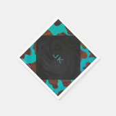 モノグラムカウブラウンおよびティール(緑がかった色)プリント スタンダードカクテルナプキン (角)