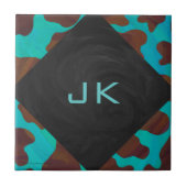 モノグラムカウブラウンおよびティール（緑がかった色）プリント タイル (正面)