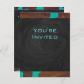 モノグラムカウブラウンおよびティール(緑がかった色)プリント 招待状 (正面/裏面)