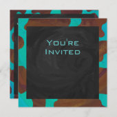 モノグラムカウブラウンおよびティール（緑がかった色）プリント 招待状 (正面/裏面)