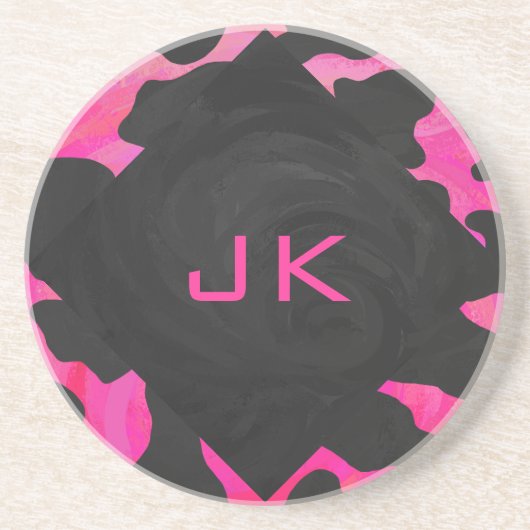モノグラムカウホットピンクとブラックプリント コースター (正面)
