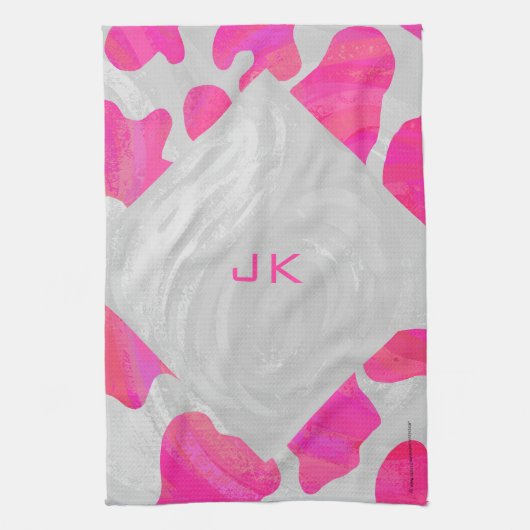 モノグラムカウホットピンクとホワイトプリント キッチンタオル (縦)
